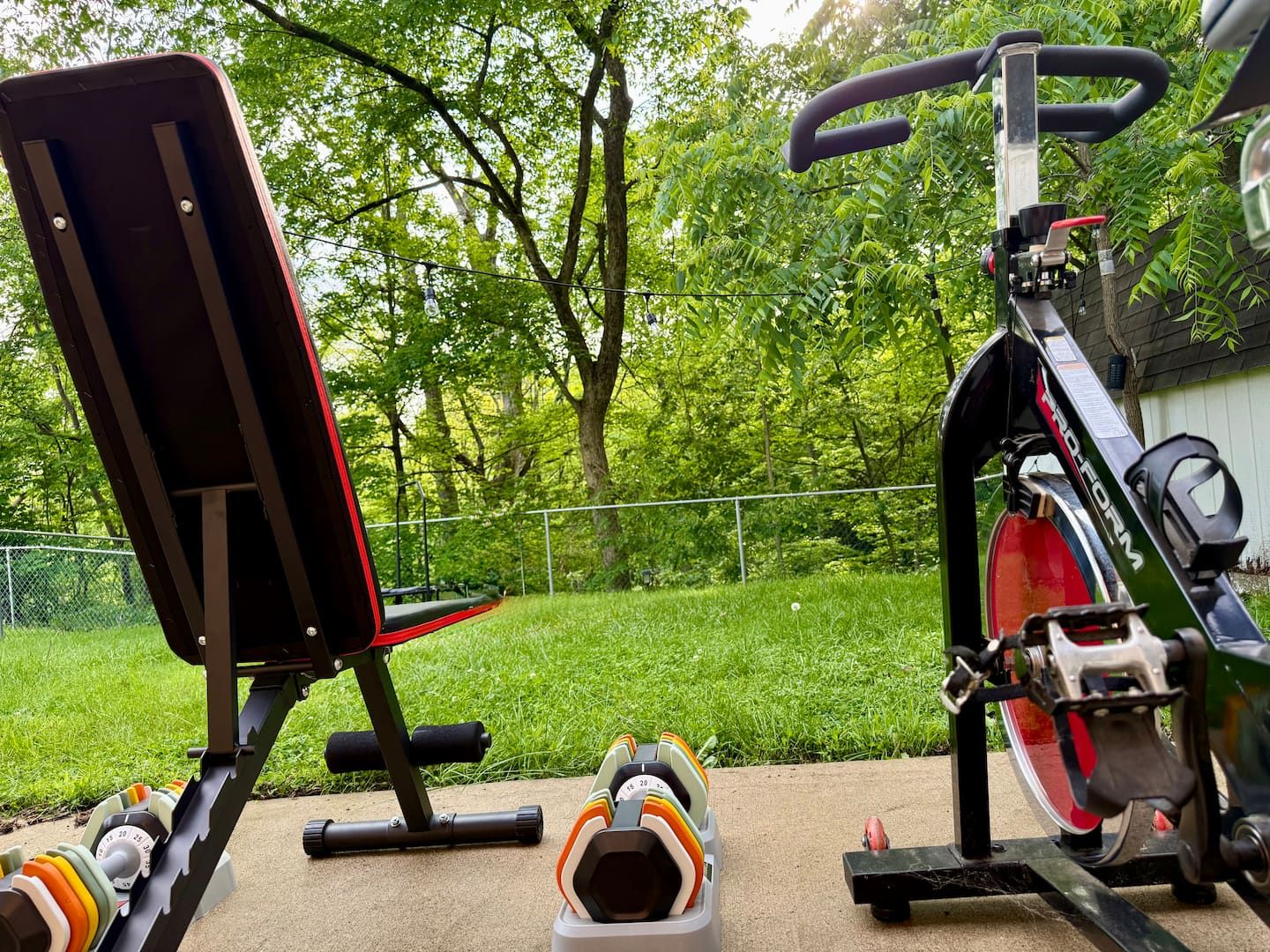 Gym Outdoors Dumbells Stationary Bike — Urban Spa Retreat, Monroeville PA