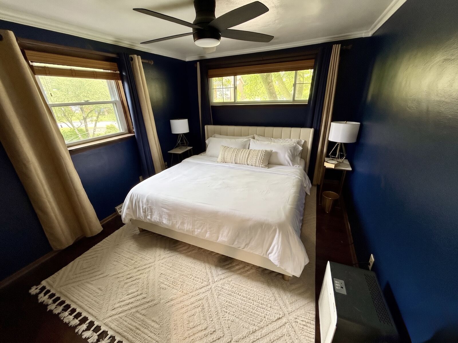 Main bedroom with Eight Sleep king smart bed, furnished rental Pittsburgh